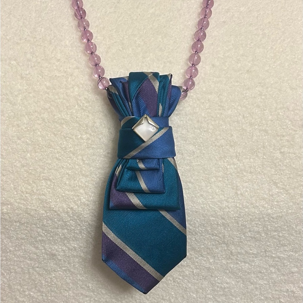 Upcycled Silk Tie Necklace with Embelishment